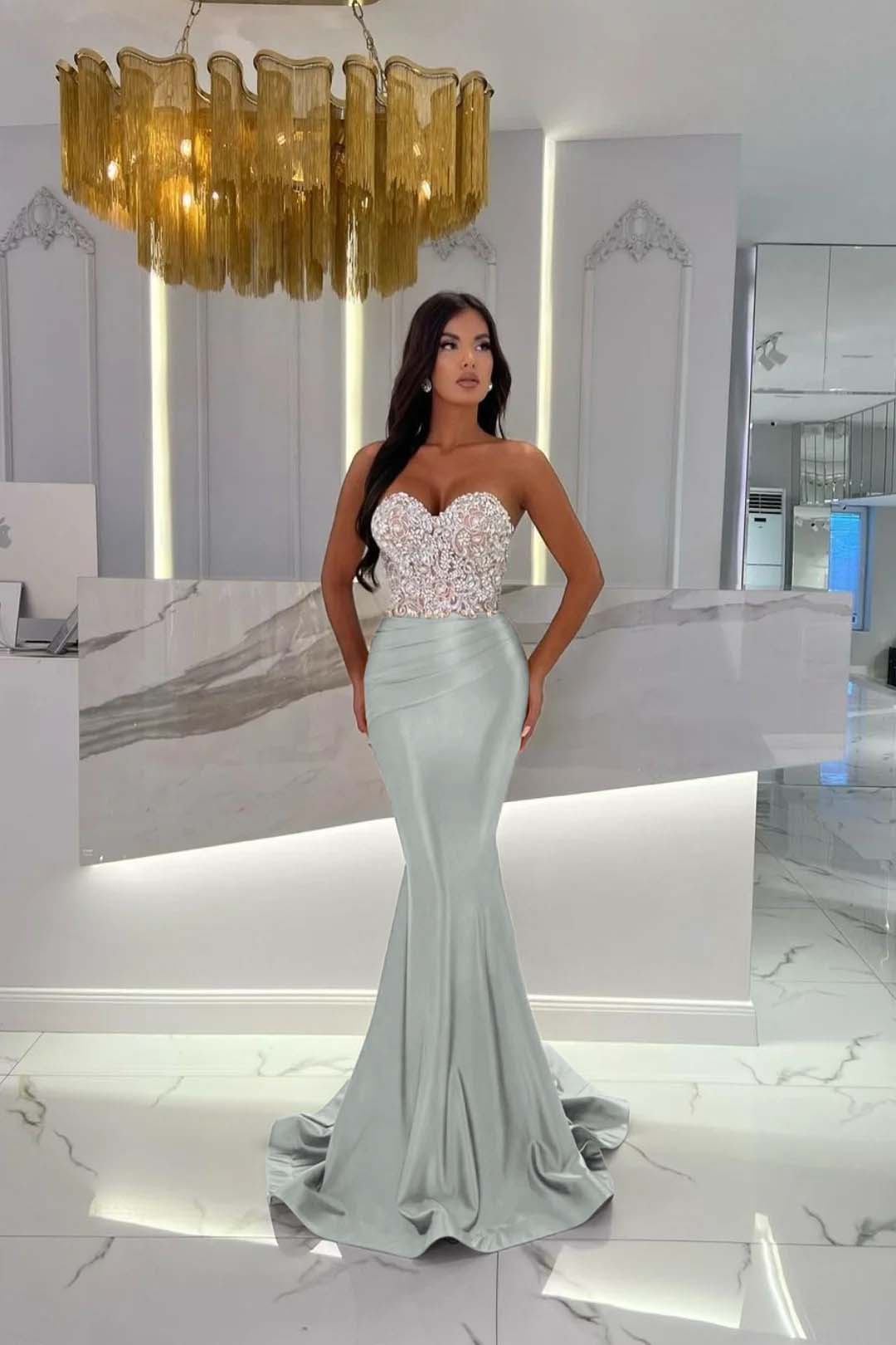 Gold Mermaid Prom Dress Sleeveless Sweetheart Beaded Evening Dress