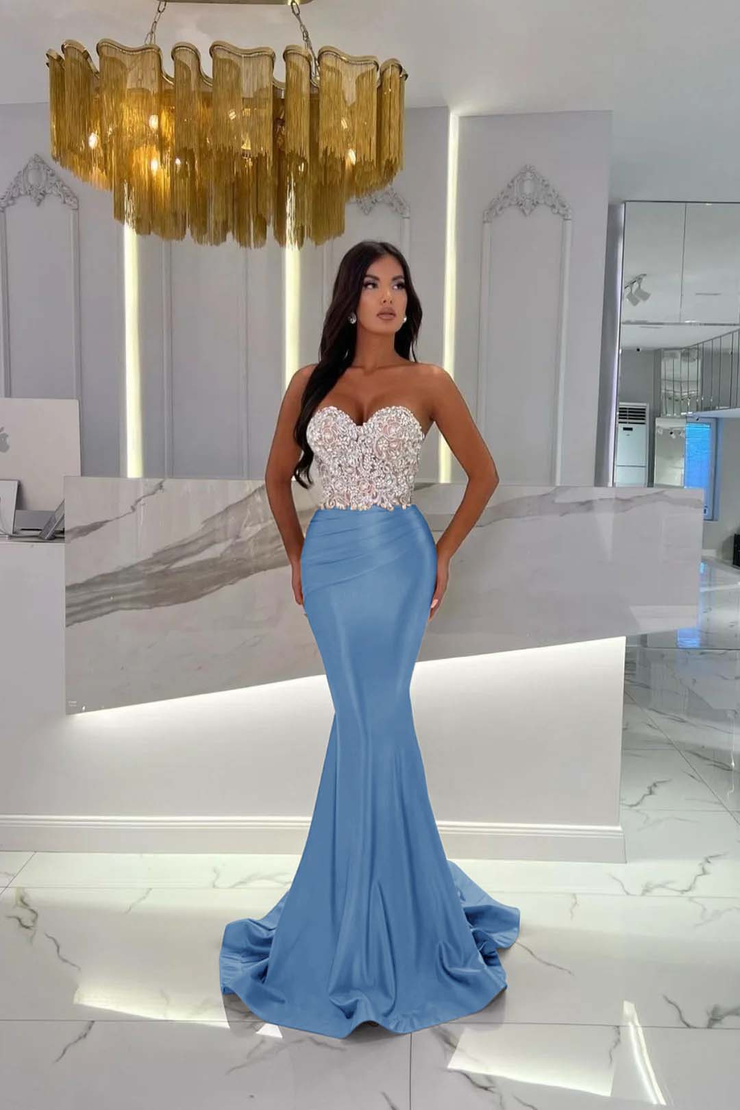 Gold Mermaid Prom Dress Sleeveless Sweetheart Beaded Evening Dress