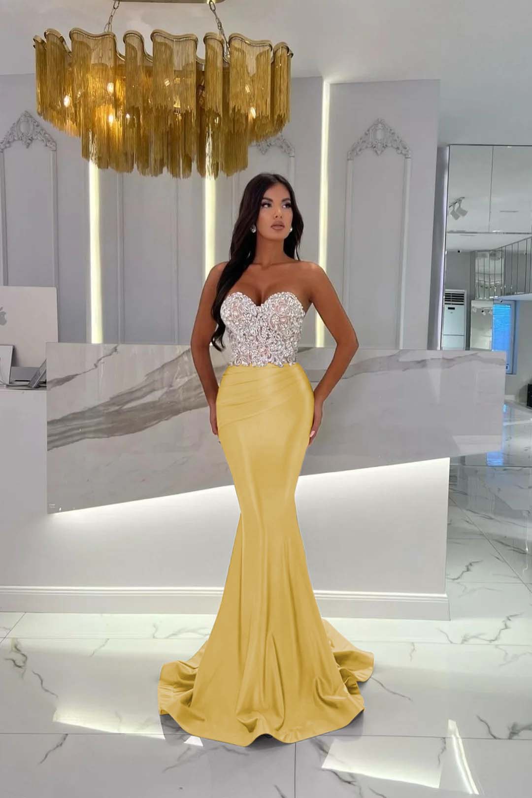 Gold Mermaid Prom Dress Sleeveless Sweetheart Beaded Evening Dress