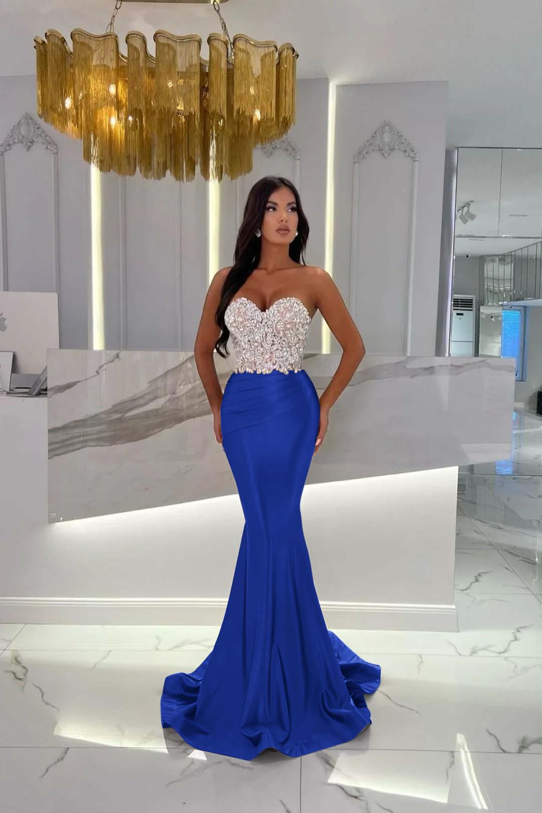 Gold Mermaid Prom Dress Sleeveless Sweetheart Beaded Evening Dress