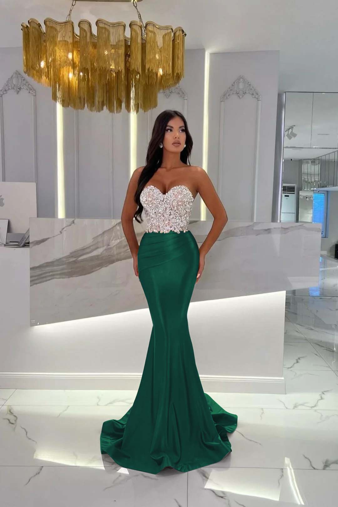 Gold Mermaid Prom Dress Sleeveless Sweetheart Beaded Evening Dress