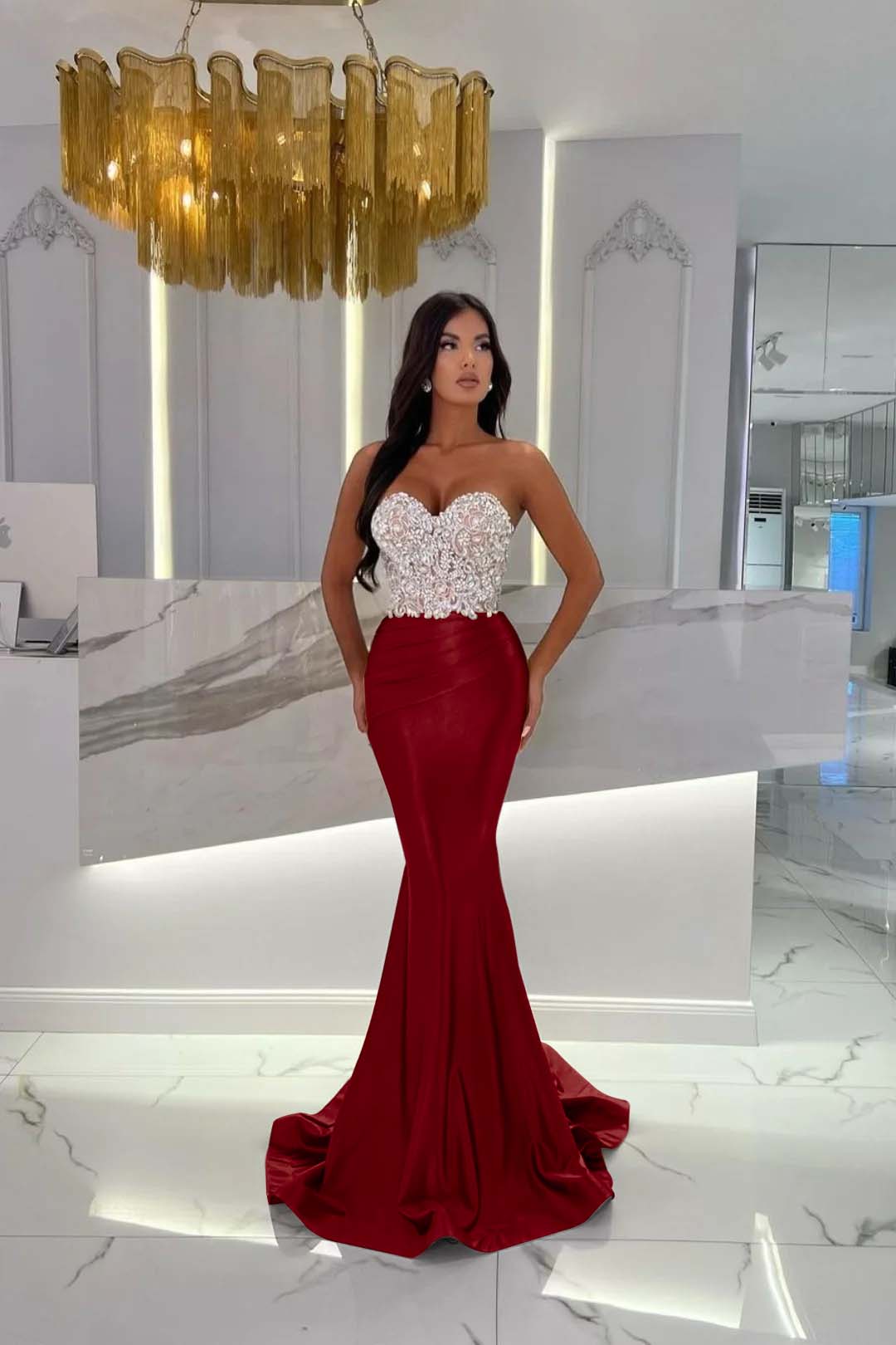 Gold Mermaid Prom Dress Sleeveless Sweetheart Beaded Evening Dress