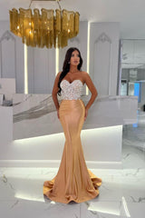 Gold Mermaid Prom Dress Sleeveless Sweetheart Beaded Evening Dress