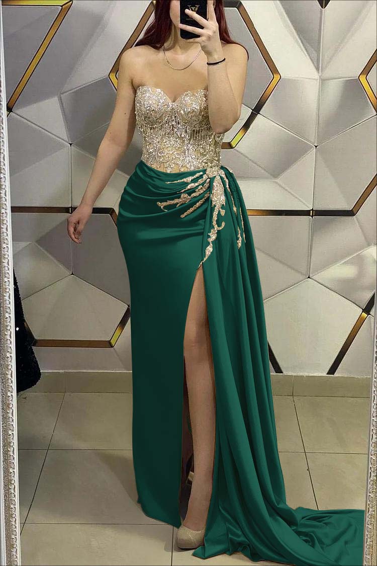 Gold Mermaid Prom Dress Sweetheart Beaded Evening Dress