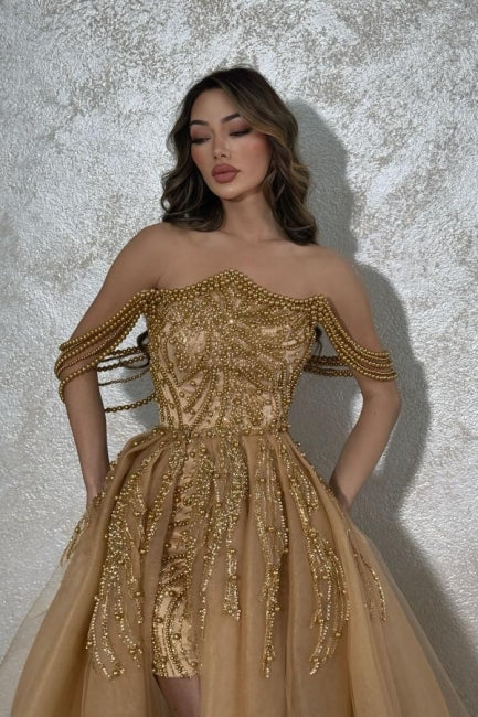 Gold Prom Dress A Line Strapless Sleeveless Beaded Detachable Panel Train Tulle Formal Dress With Pearls
