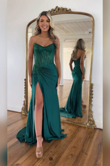 Gold Prom Dress Mermaid Corset Beaded Long Evening Dress With Slit