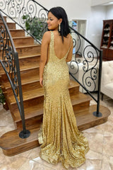 Gold Prom Dress Mermaid V-Neck Long Evening Dress