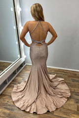 Gold Prom Dress Mermaid V-Neck Spaghetti Straps Long Evening Dress