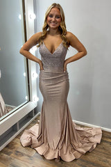Gold Prom Dress Mermaid V-Neck Spaghetti Straps Long Evening Dress