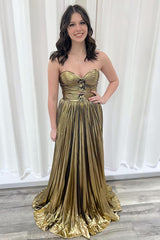 Gold Prom Dress Metallic Ruched Sleeveless Pleated A Line Formal Dress