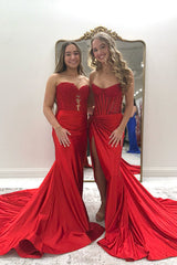 Gold Prom Dress Sheath Corset Beaded Long Formal Dress With Slit