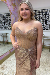 Gold Prom Dress Sheath Sweetheart Corset Long Formal Dress With Slit