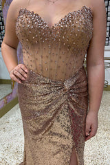 Gold Prom Dress Sheath Sweetheart Corset Long Formal Dress With Slit