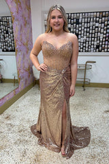 Gold Prom Dress Sheath Sweetheart Corset Long Formal Dress With Slit