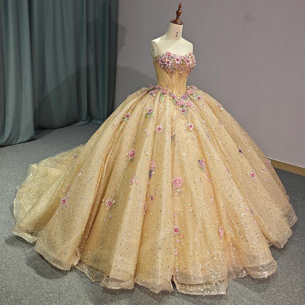 Gold Quinceanera Dress Ball Gown Shining Applique Strapless Sweet 16 Party Dress