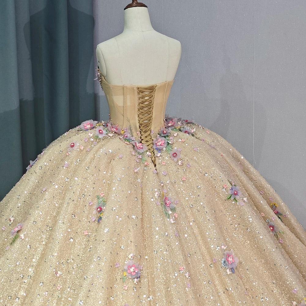Gold Quinceanera Dress Ball Gown Shining Applique Strapless Sweet 16 Party Dress