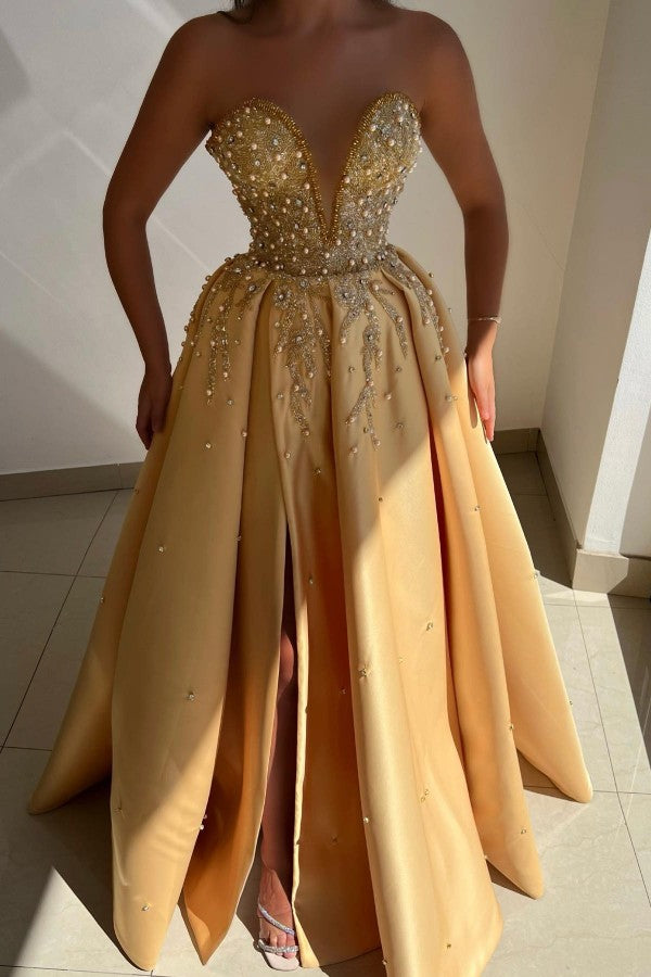 Gold Satin A Line Prom Dress with Pearl Beaded Bodice and Front Slit