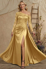 Gold Satin and Lace A Line Mother of the Bride Dress with Long Sleeves and Side Slit