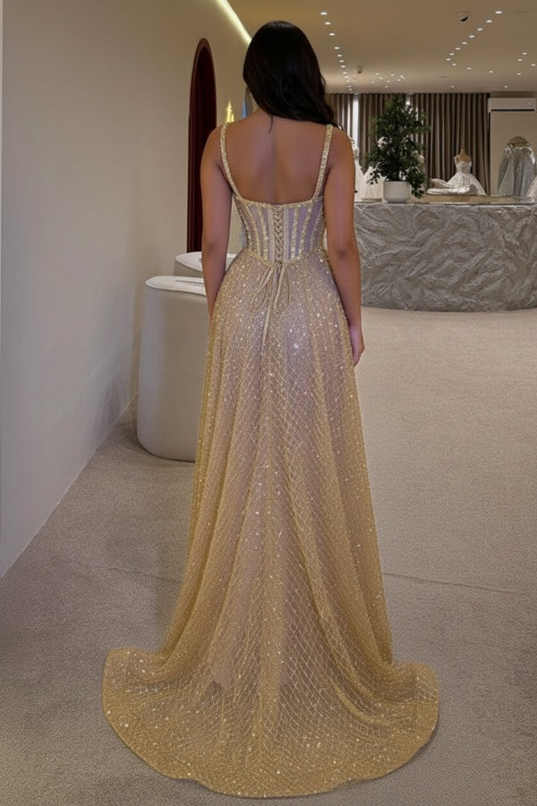 Gold Sequin A Line Prom Dress with Sheer Corset and High Slit