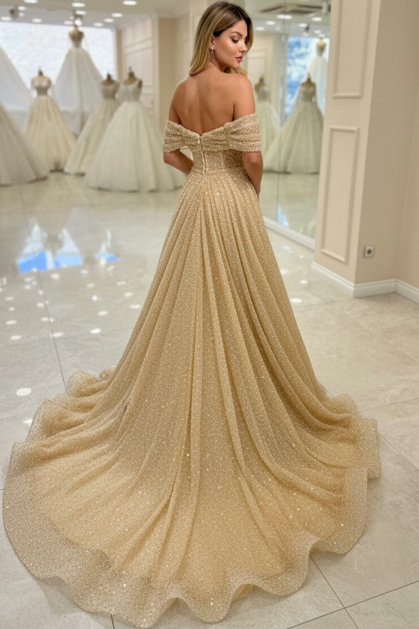 Gold Sequin A Line Wedding Dress with Off Shoulder Sleeves and Pearl Beading
