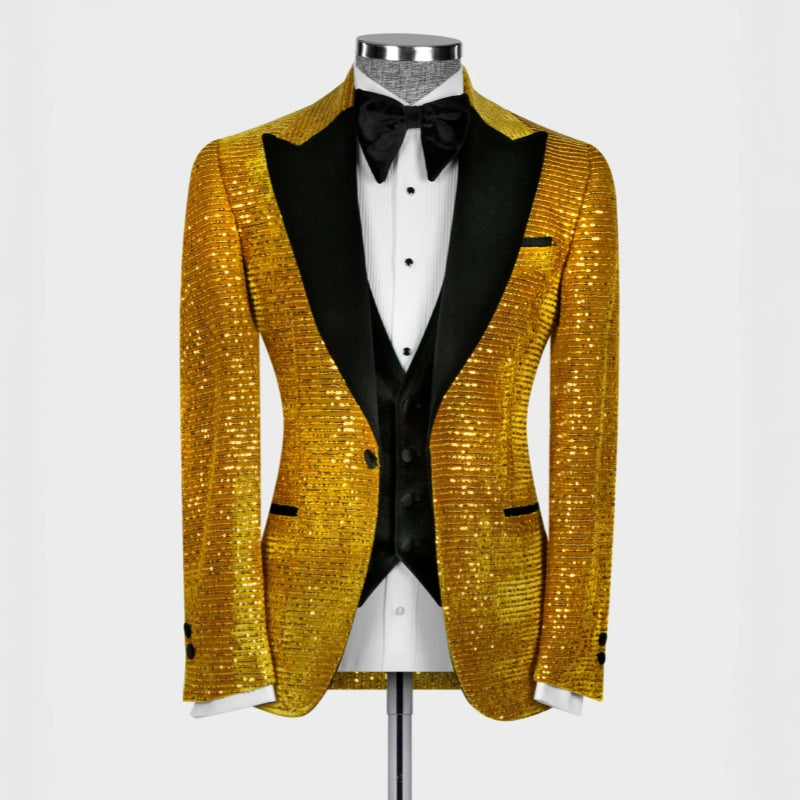 Gold Sequin Three Piece Peaked Lapel Prom Suit
