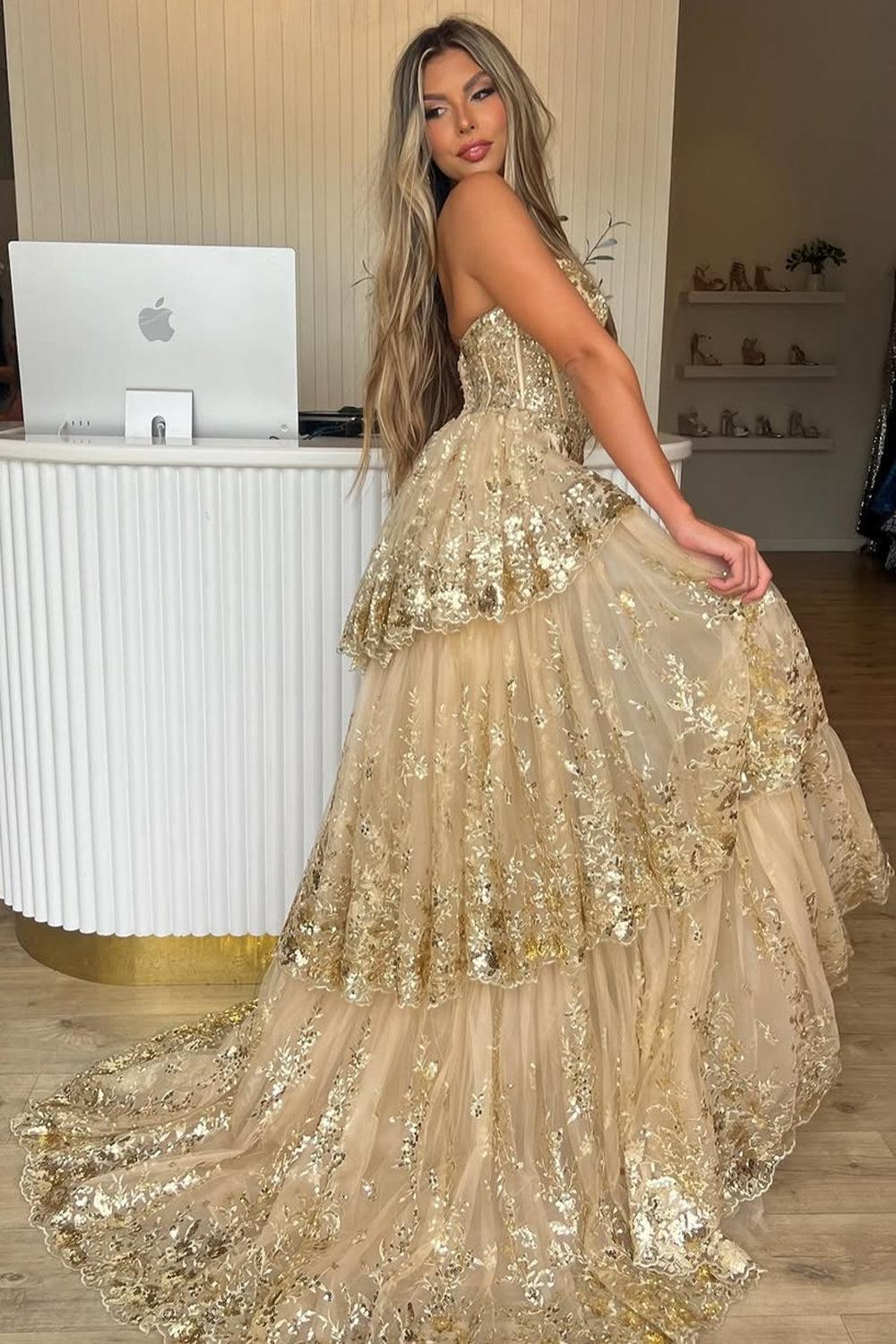 Gold Sequin Train Sweetheart A-Line Lace Long Prom Dress With Tiered Tulle Split Formal Evening Gown