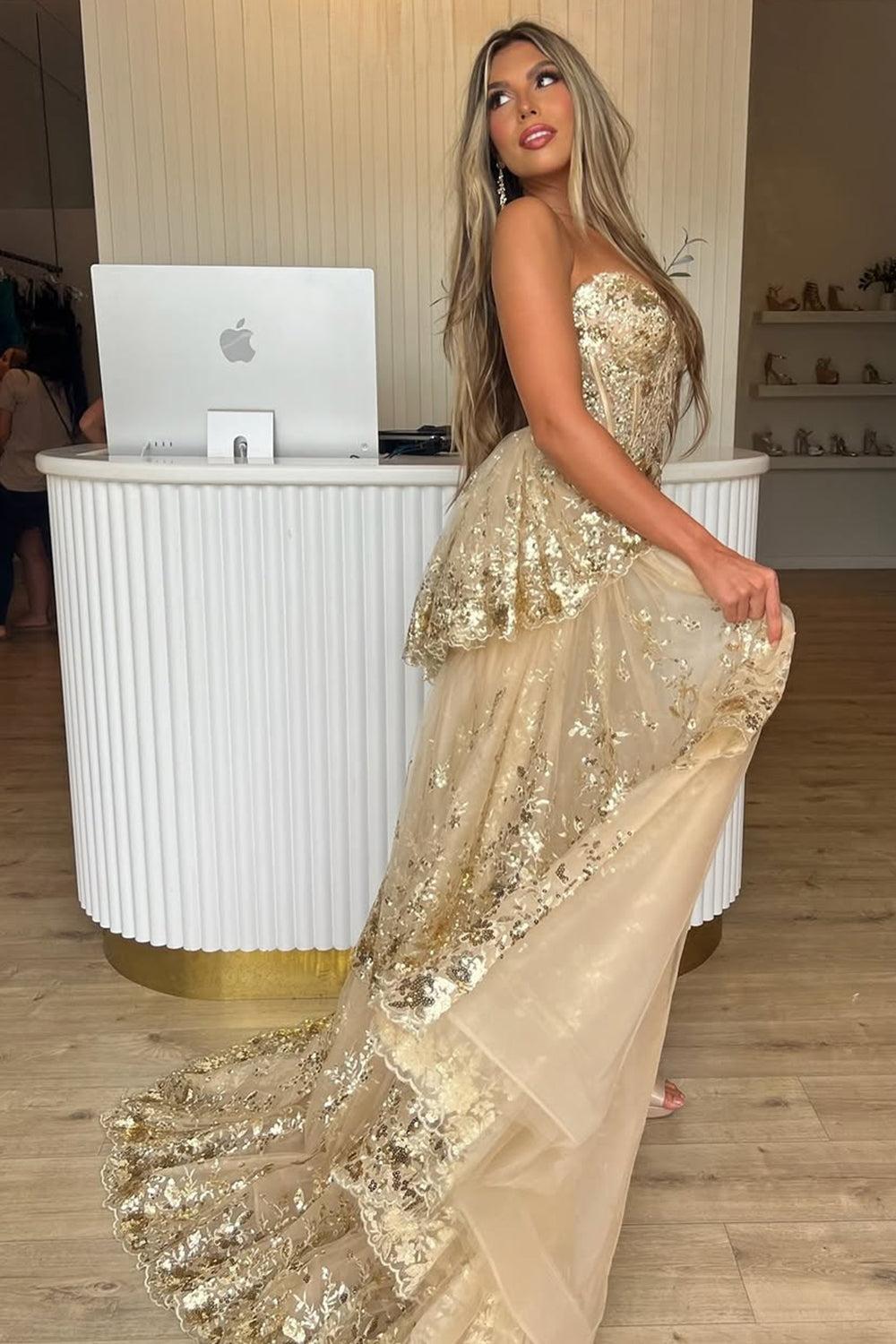 Gold Sequin Train Sweetheart A-Line Lace Long Prom Dress With Tiered Tulle Split Formal Evening Gown