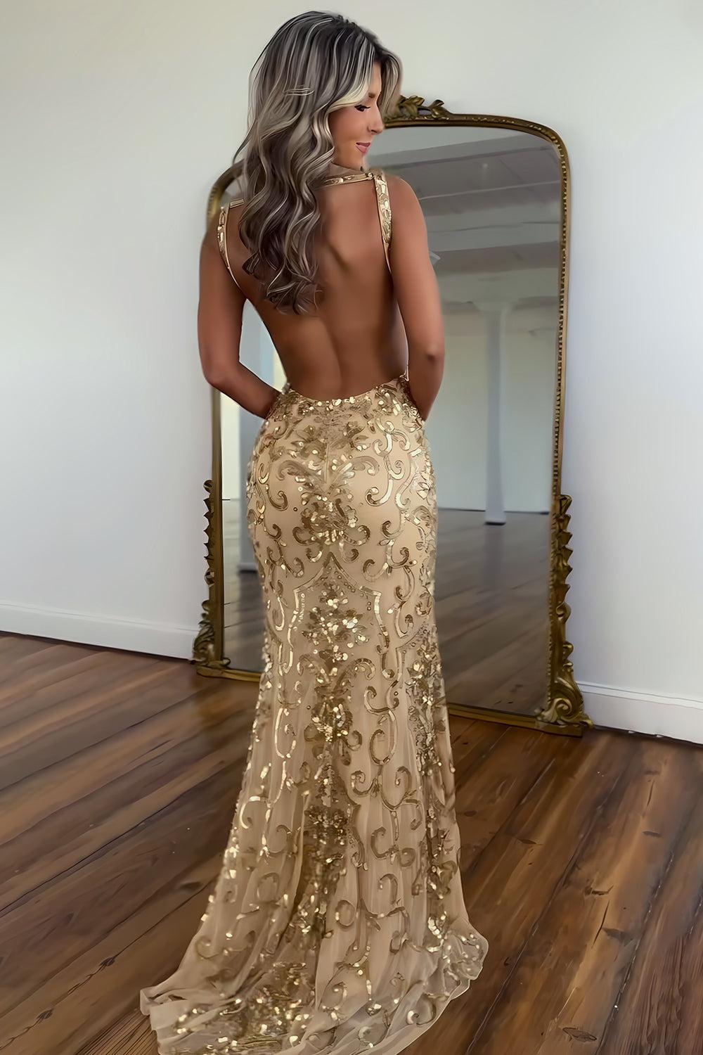 Gold Sequin V-Neck Mermaid Prom Dress With Open Back And High Slit Formal Evening Gown