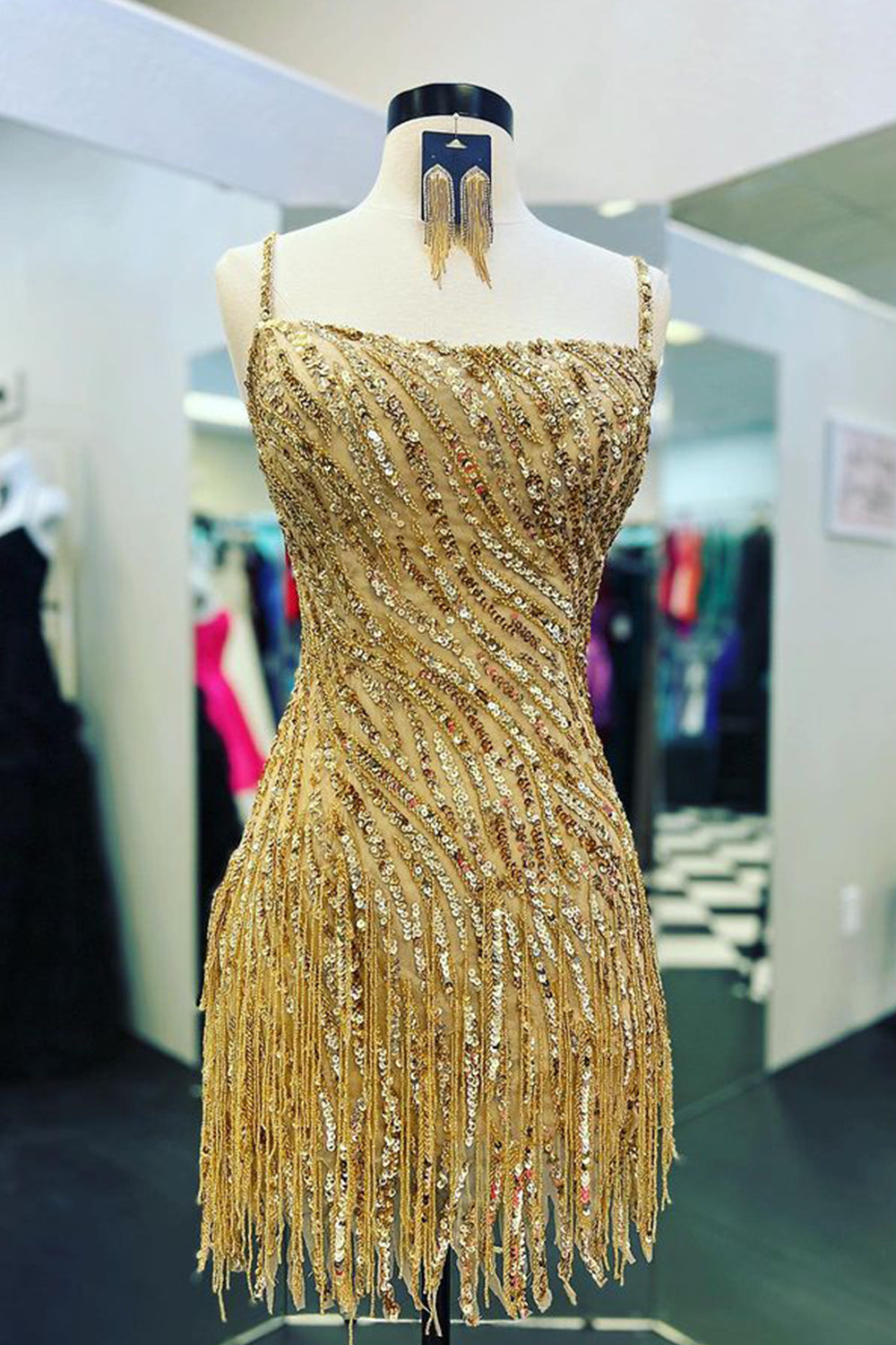 Gold Sequined Sheath Spaghetti Straps Short Graduation Dress with Tassels