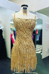 Gold Sequined Sheath Spaghetti Straps Short Graduation Dress with Tassels
