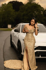 Gold Mermaid Prom Dress Beaded Strapless Formal Evening Dress with Slit