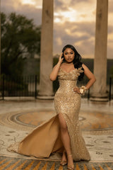 Gold Mermaid Prom Dress Beaded Strapless Formal Evening Dress with Slit