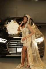 Gold Mermaid Prom Dress Beaded Sweetheart Tulle Formal Evening Dress with Slit and 3D Flowers