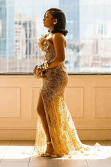 Gold Sweetheart Prom Dress Tulle Mermaid Formal Evening Dress with Beadings and Rhinestones