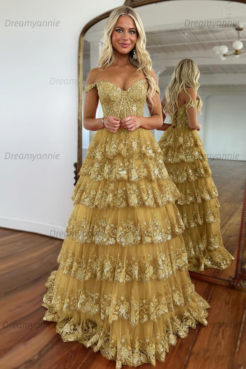 Glitter Hot Pink Corset Off the Shoulder Lace Long Prom Dress
