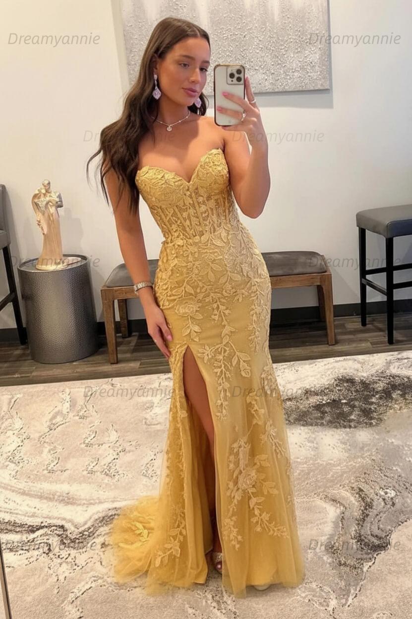 Light Blue Prom Dress Mermaid Sweetheart Corset Long Laced Evening Dress with Slit