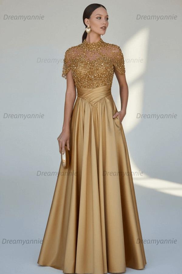Green A Line Prom Dress Short Sleeve High Neck Beaded Evening Dress