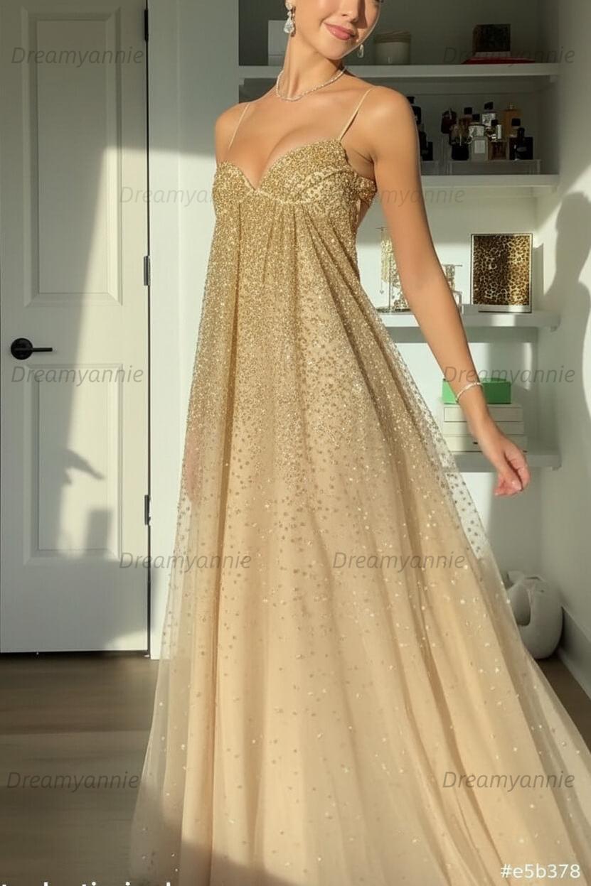 Bling A Line Spaghetti Straps Grey Blue Long Party Dress With Beading Formal Evening Gown