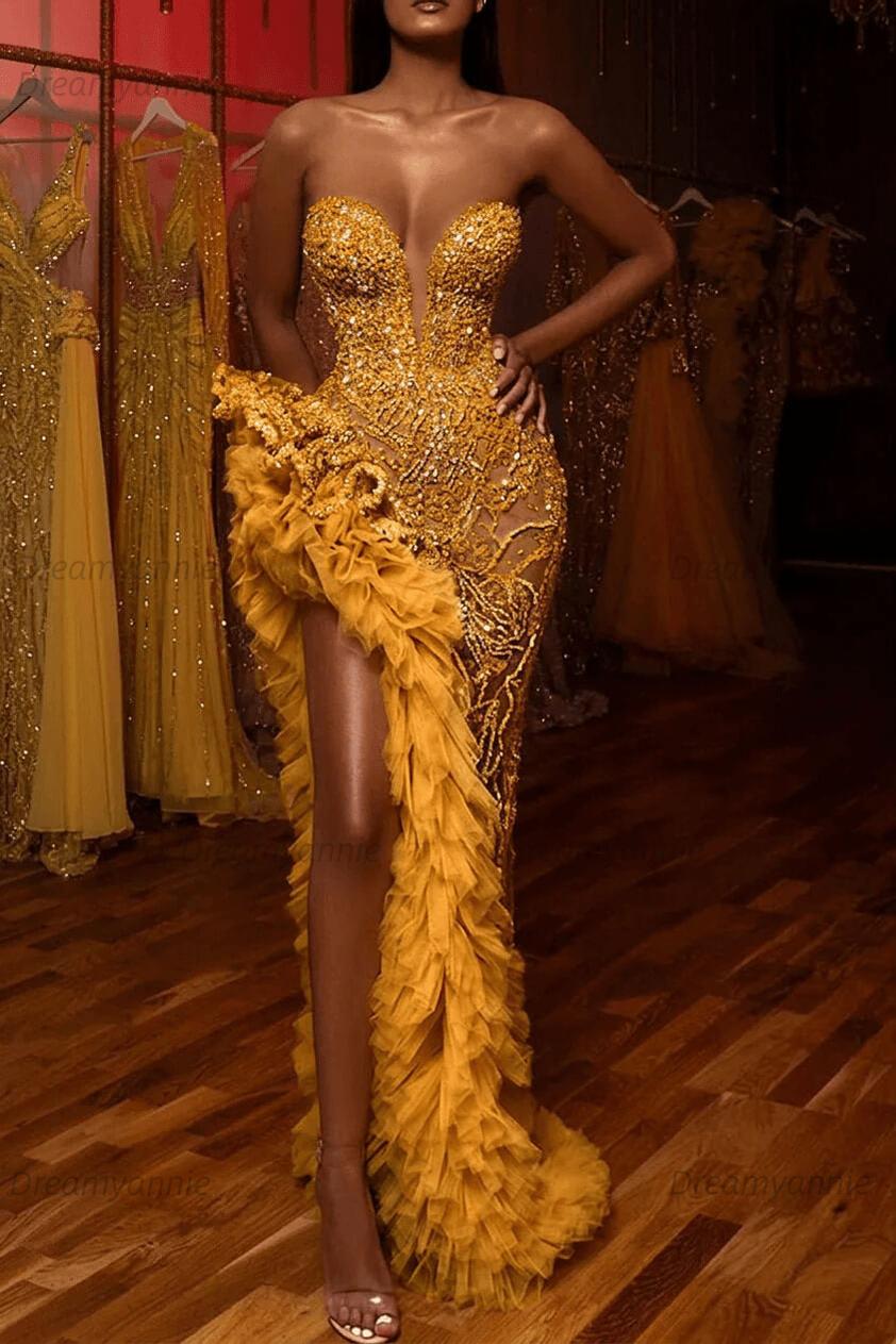 Mermaid Prom Dress Beading Sleeveless Long Split Evening Dress With Ruffles