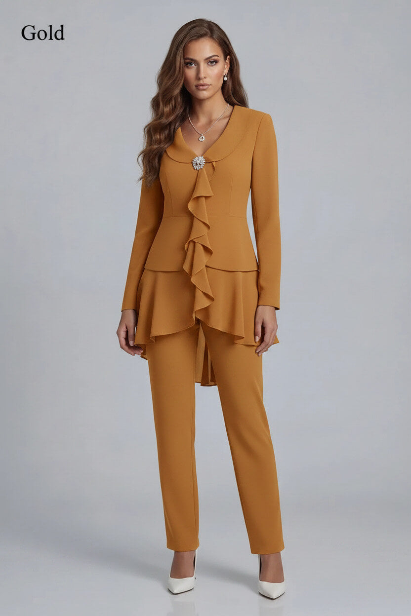 Dreamyannie Navy V Neck Ruffled Chiffon 2 Piece Mother Of The Bride Pant Suits With Sleeves