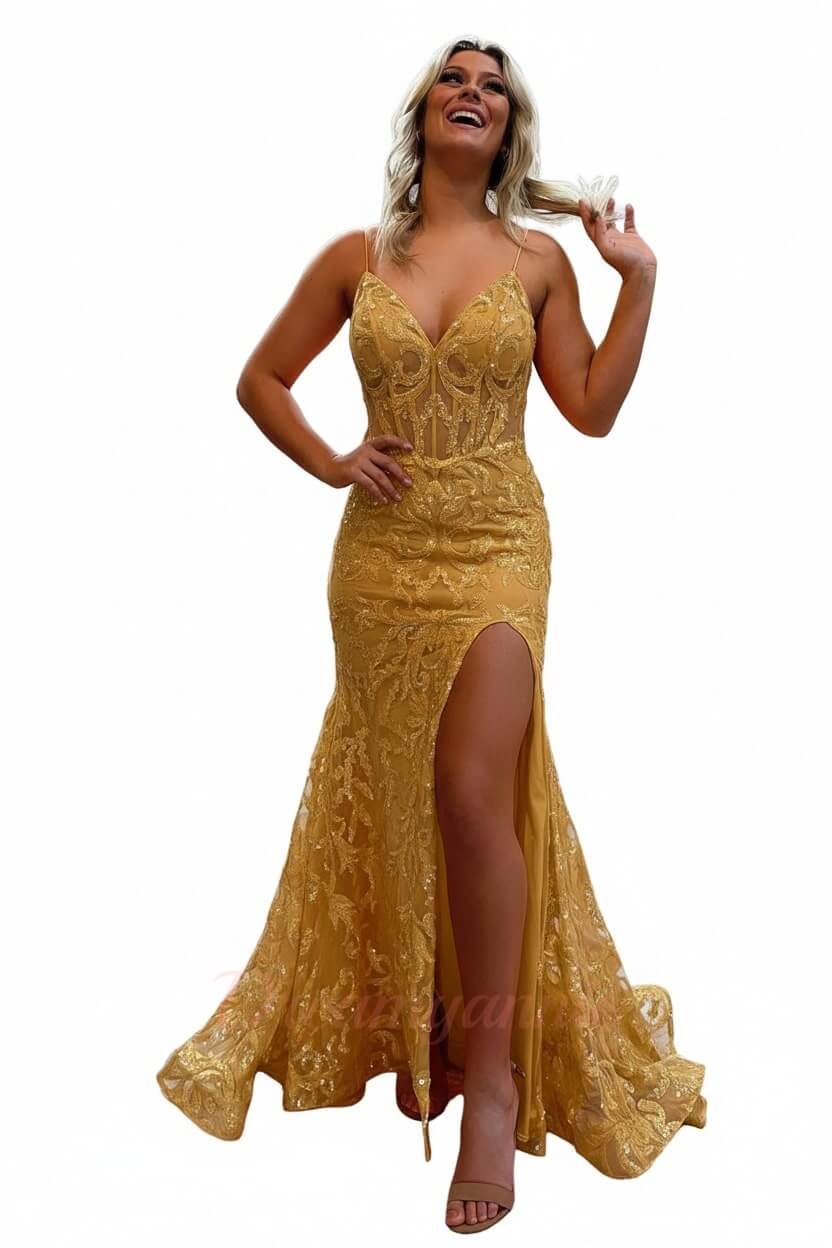 Orange Prom Dress Spaghetti Straps Mermaid Evening Dress