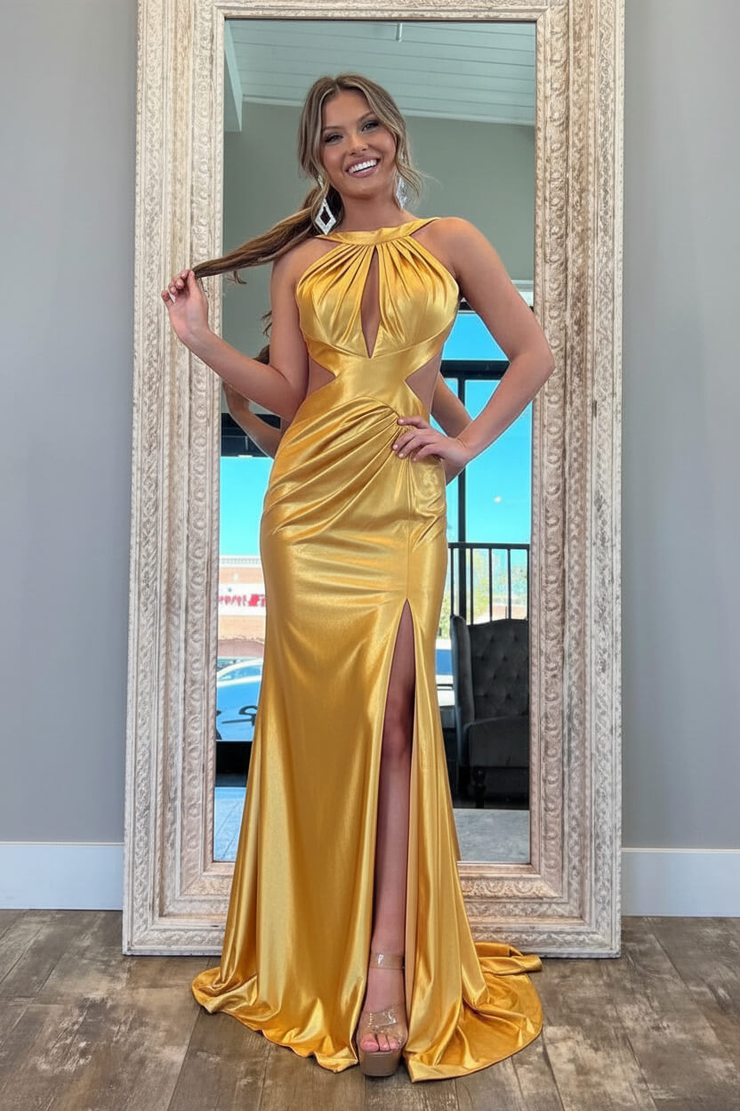Stylish Fuchsia Metallic Mermaid Prom Dress With Slit And Open Back Formal Evening Gown