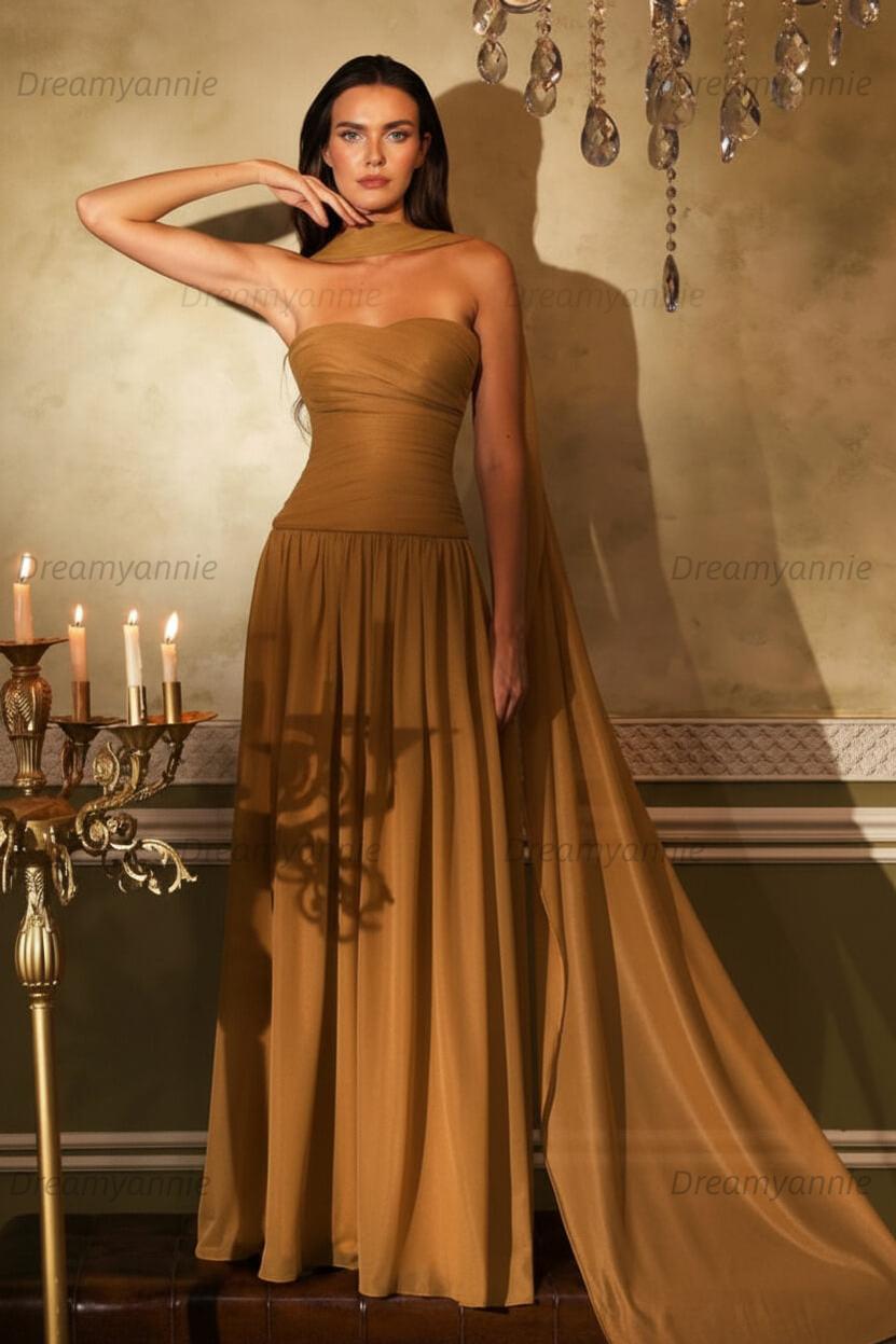 Orange A Line Prom Dress Sleeveless Strapless Evening Dress