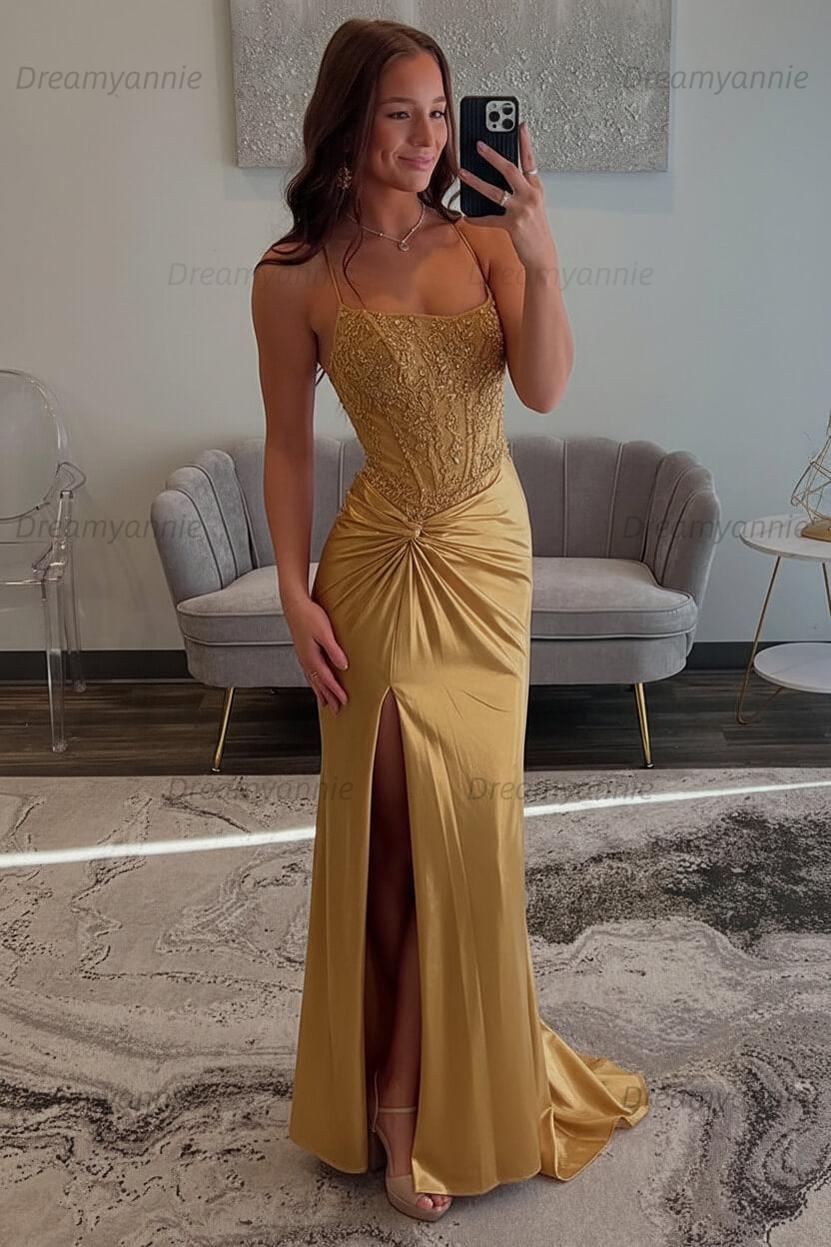 Dreamyannie Red Prom Dress Spaghetti Straps Ruhed Long Lace Formal Dress With Appliques