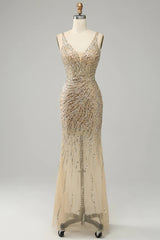 Golden Backless Sequin Prom Dress Tulle V Neck Evening Dress