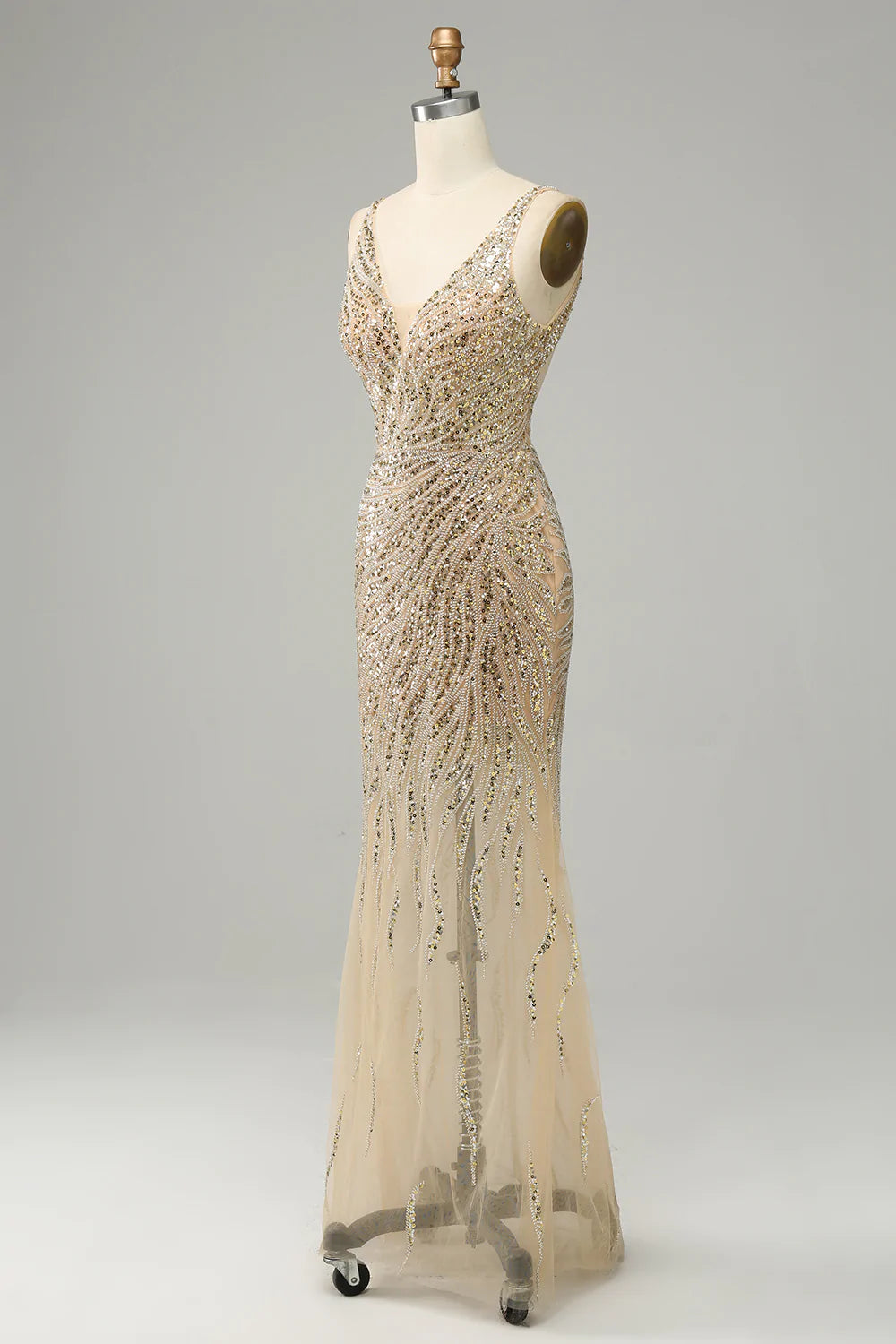 Golden Backless Sequin Prom Dress Tulle V Neck Evening Dress