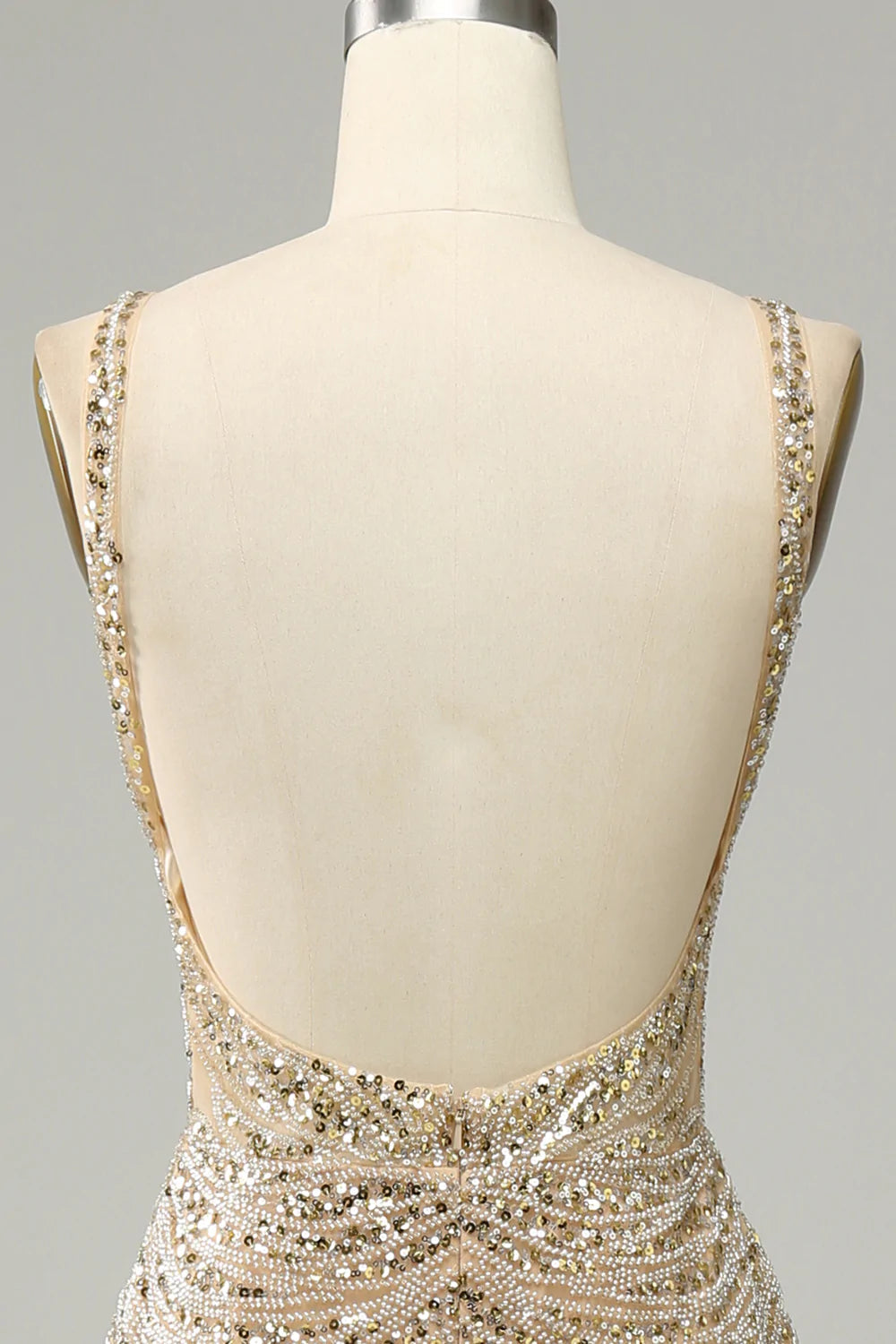 Golden Backless Sequin Prom Dress Tulle V Neck Evening Dress