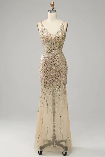 Golden Beaded V Neck Prom Dress Backless Long Evening Dress