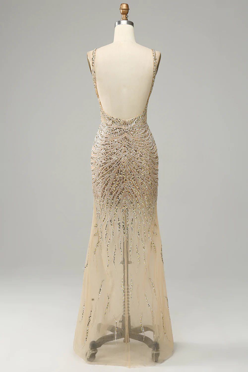 Golden Beaded V Neck Prom Dress Backless Long Evening Dress