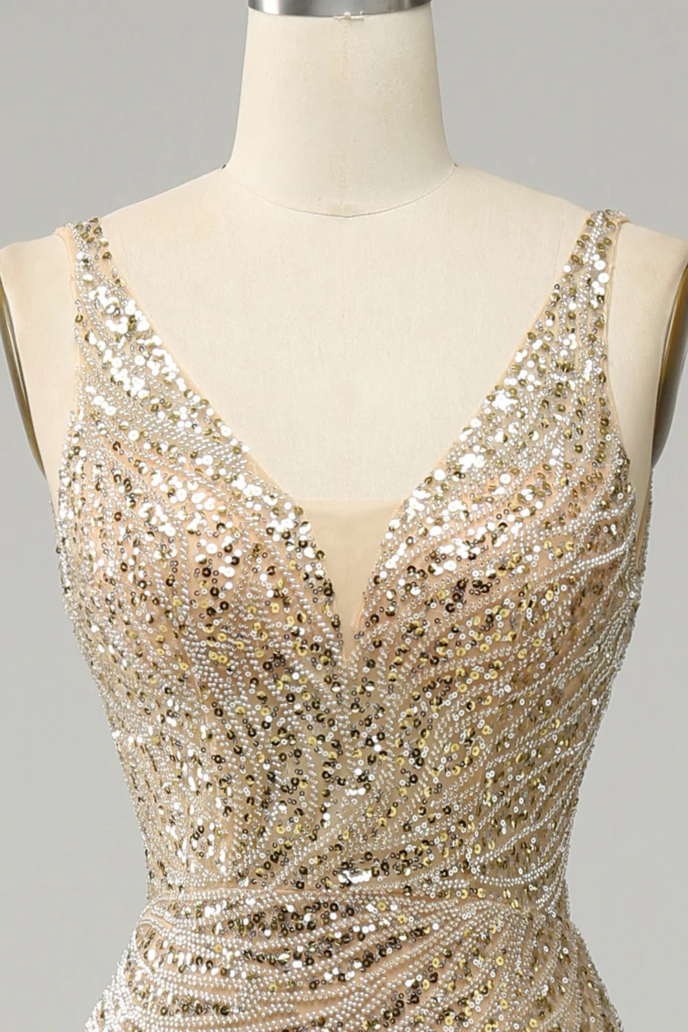Golden Beaded V Neck Prom Dress Backless Long Evening Dress